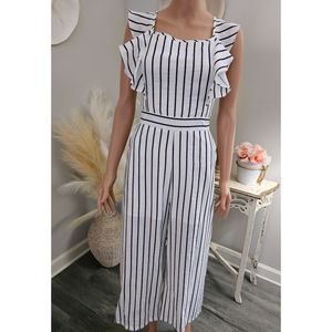 Main Strip White Navy Stripes Open Back Cropped Wide Legs Jumpsuit